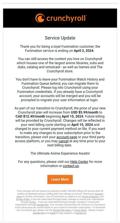 Crunchyroll's "service update" indicating the changes in price and the dates on which price changes would take effect. As published by Emma Roth in her The Verge article Funimation is shutting down — and taking your digital library with it.