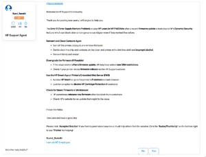 An HP support representative admitting out loud that HP releases new firmware after backlash from consumers, implying that he is used to complaints stemming from HP's business practices.