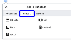 Screenshot of the "Manual" tab when adding citations to a page