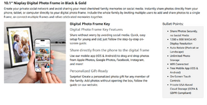 Nixplay advertising picture frame with "unlimited" storage even after limiting customers to 500 MB. Screenshot taken from amazon.ca product page of Nixplay product as seen on March 21st, 5:53 PM Central time