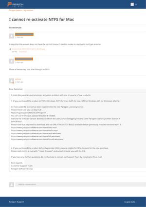 E-mail reply from Paragon support suggesting they re-purchase the software with a 30% discount.