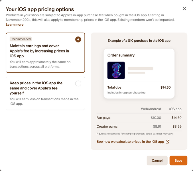 "Maintain earnings and cover Apple's fee by increasing prices in the iOS app" (Recommended)