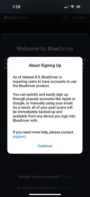 Screenshot of BlueDriver app, showing the requirement to register and log in