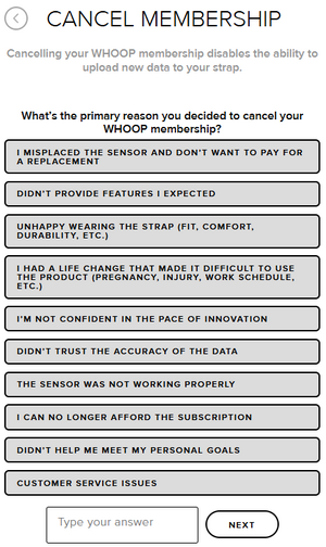 Step 5 of the Whoop subscription cancellation process