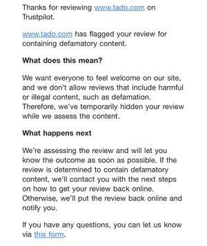 tado works to have customer review of their product removed for "defamatory content" after the customer factually recalls their issue with tado's business practice.