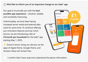tado thermostat app screenshot about increased cost and subscription fee